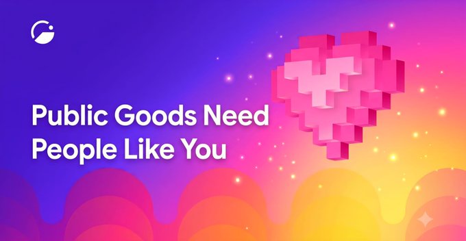 The image features a vibrant gradient background transitioning from purple to pink to yellow, with a pixelated 3D heart in pink and magenta tones on the right side and sparkling star effects throughout. The text reads "Public Goods Need People Like You," with a small logo in the top left corner, promoting a Giveth post highlighting their latest news on public goods funding, Venezuela support, Ethereum Security, and community rewards.