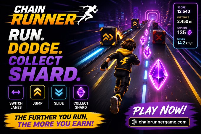 A promotional graphic for the game 'Chain Runner' featuring a character running through a neon-lit path collecting shards, with stats showing score 12,540, distance 2,450m, and the tagline 'Run. Dodge. Collect Shard.'