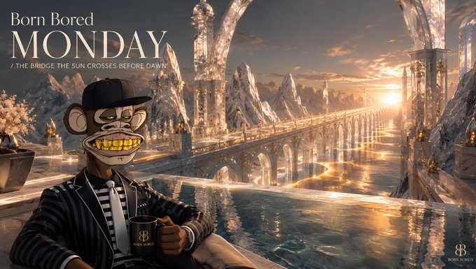 The image features a Bored Ape NFT character in a pinstripe suit and cap, holding a coffee mug against a fantasy landscape with a long bridge crossing luminous waters. The text "Born Bored MONDAY / The Bridge the Sun Crosses Before Dawn" appears alongside the Bored Bunny logo, tying into the "stay building" message by visually representing Monday as the foundation (bridge) upon which a successful week is constructed.