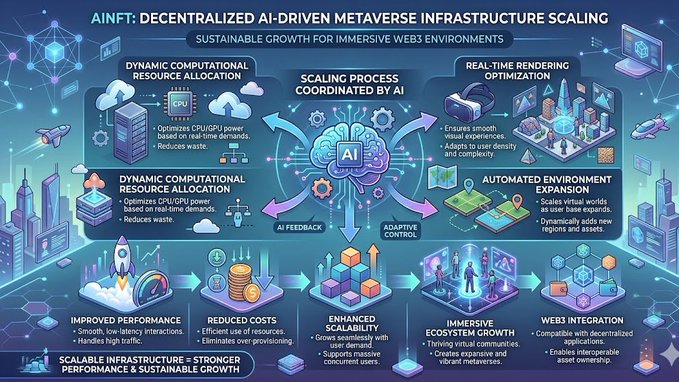 The image features a detailed infographic or chart that demonstrates the various stages of developing a decentralized AI-driven metaverse infrastructure. It provides information about different aspects of this development process, such as improving performance, increasing scalability for immersive environments, and facilitating complex interactions in the internet ecosystem. The poster aims to educate viewers on these topics and potentially draw their attention to AINFT's role in this field.