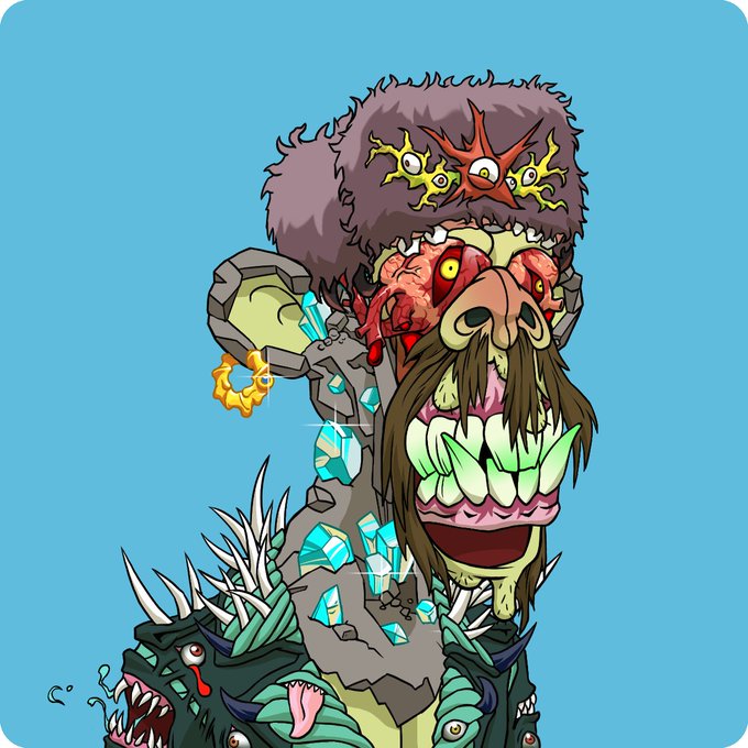 A colorful cartoon monster with exposed eyes, sharp teeth, rocks, spikes, and other creatures against a blue background.