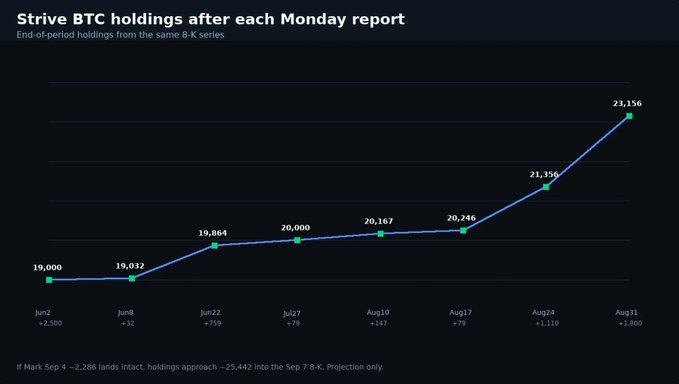 A line chart titled 'Strive BTC holdings after each Monday report' showing growth from 19,000 BTC on June 2 to a projected 23,156 BTC by August 31.