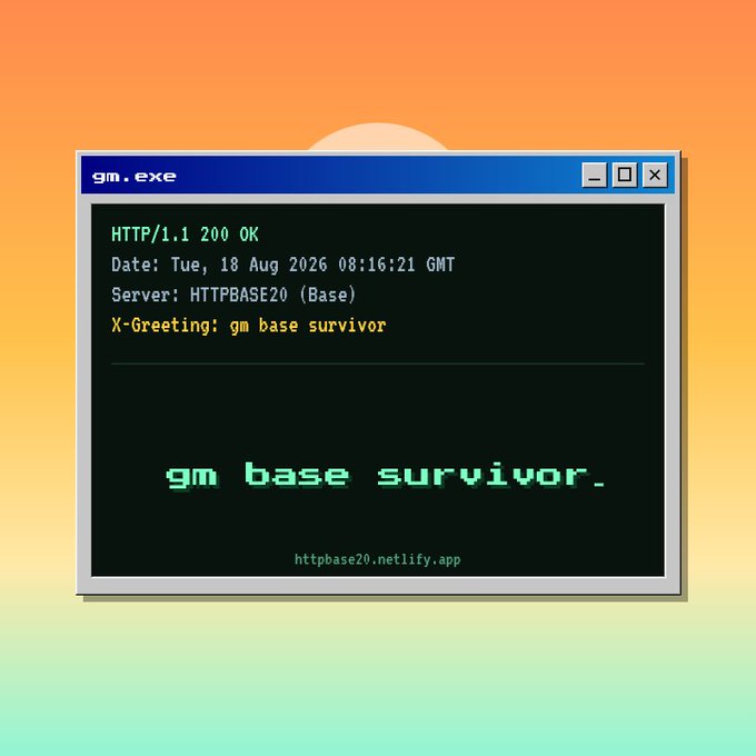 A retro computer terminal window titled 'gm.exe' displays HTTP/1.1 200 OK response with 'X-Greeting: gm base survivor' and the URL 'httpbase20.netlify.app' against an orange and yellow gradient background.
