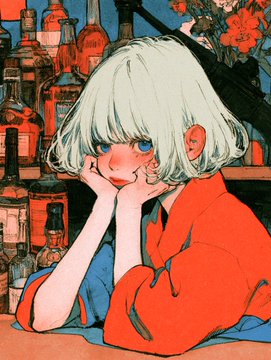 An anime-style illustration depicts a white-haired, blue-eyed girl resting her chin on her hands at a bar lined with various liquor bottles, her cheeks flushed. The accompanying post mentions generating this with MJ v8 and shares GST earnings data from STEPN, a move-to-earn fitness app, likely showing the image as her latest AI-generated profile art.