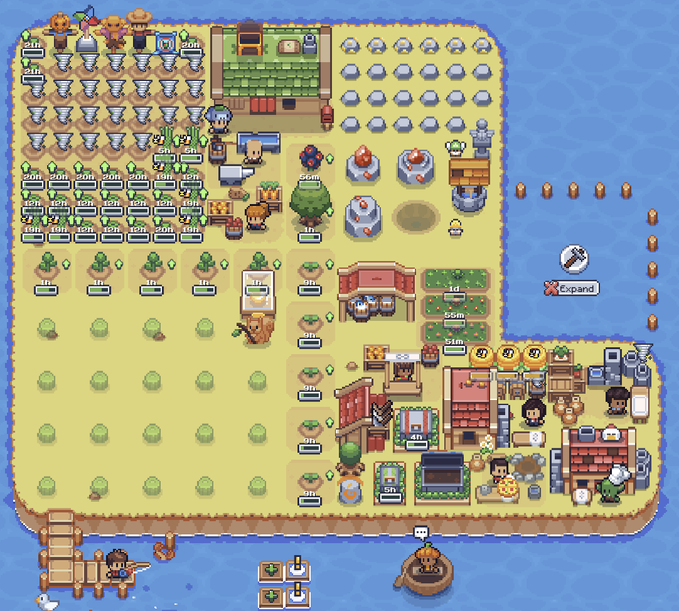 A pixel art game screenshot shows an island with farms, trees, buildings, and various characters engaged in different activities.
