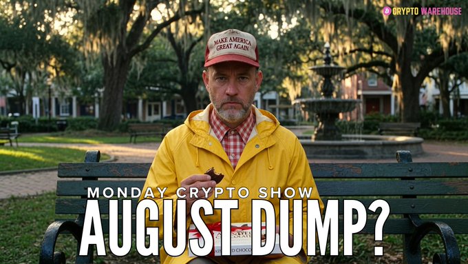 A middle-aged man in a yellow raincoat and "Make America Great Again" cap sits on a park bench with a serious expression, holding what appears to be a small snack. The image is branded as a "Monday Crypto Show" thumbnail with the headline "August Dump?" displayed prominently, and a "Crypto Warehouse" logo in the corner—suggesting it's a promotional graphic for a crypto market discussion, with the post's mention of brewing coffee and a 9 UTC livestream indicating the show is about to start.