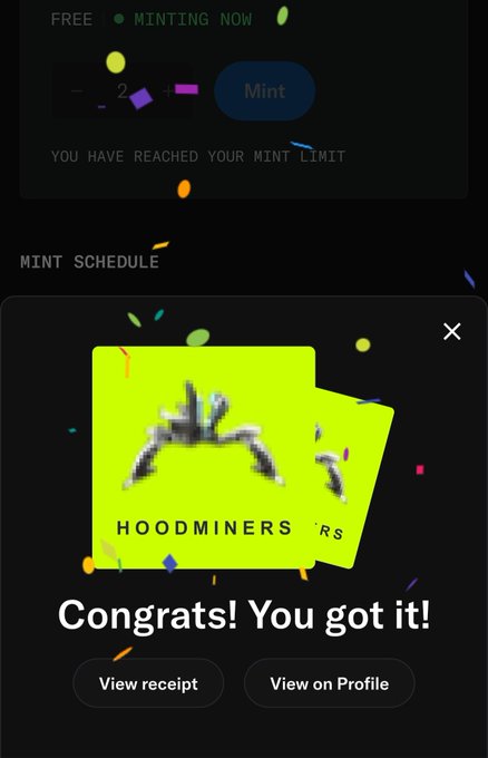 A mobile app interface for 'HOODMINERS' shows a green 'Congrats! You got it!' notification over a pixelated character, with a 'Mint' button above that is unavailable due to reaching the mint limit.