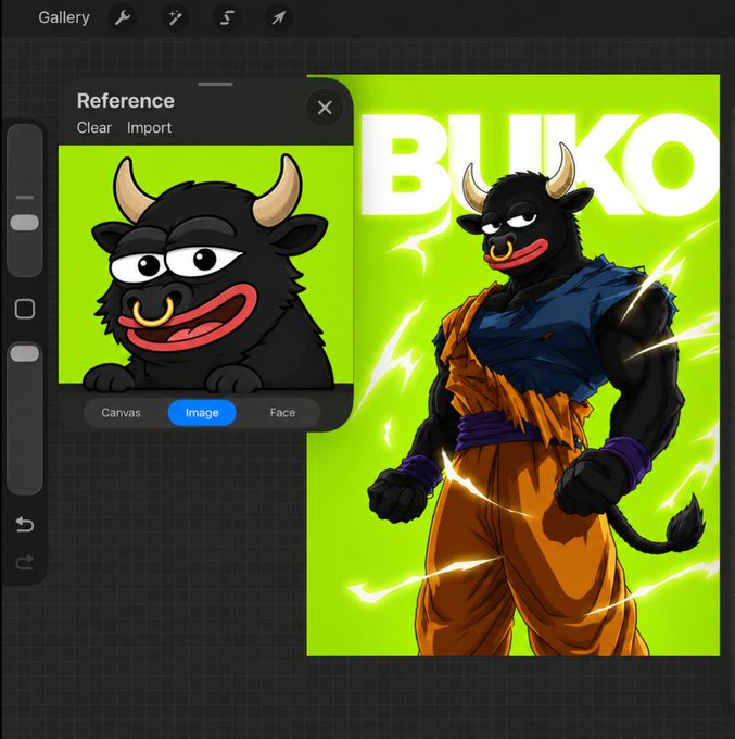 A digital art interface showing a reference image of a cartoon bull character being used to create an anime-style warrior version of 'BUKO' on a bright green background.