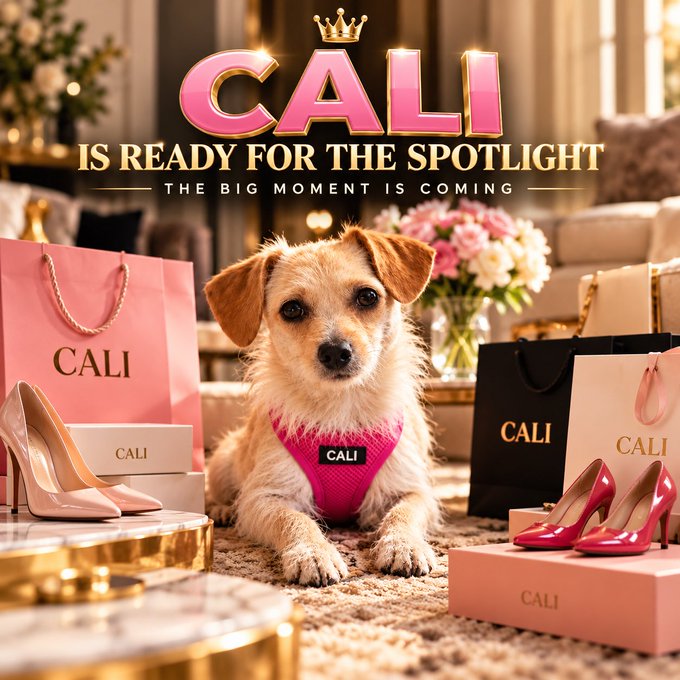 Promotional image featuring a small terrier dog wearing a pink 'CALI' harness, surrounded by pink and black CALI shopping bags and high heels, with text reading 'CALI IS READY FOR THE SPOTLIGHT - THE BIG MOMENT IS COMING'.