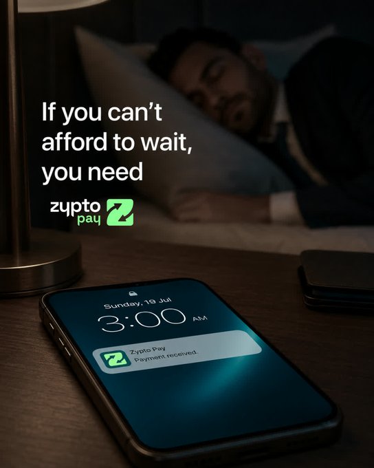 A Zypo Pay advertisement showing a man sleeping in bed with the text 'If you can't afford to wait, you need zypo pay', alongside an image of a smartphone displaying a 'Zypo Pay Payment received' notification at 3:00 AM on Sunday, 19 Jul.