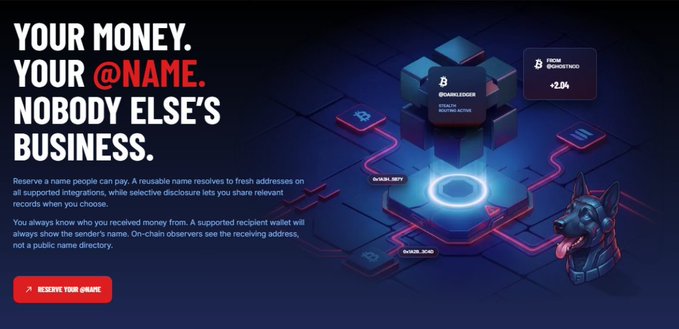 A dark-themed advertisement reading 'YOUR MONEY. YOUR @NAME. NOBODY ELSE'S BUSINESS.' promoting a privacy-focused naming service that reserves reusable names for crypto addresses, with a button to 'RESERVE YOUR @NAME.'