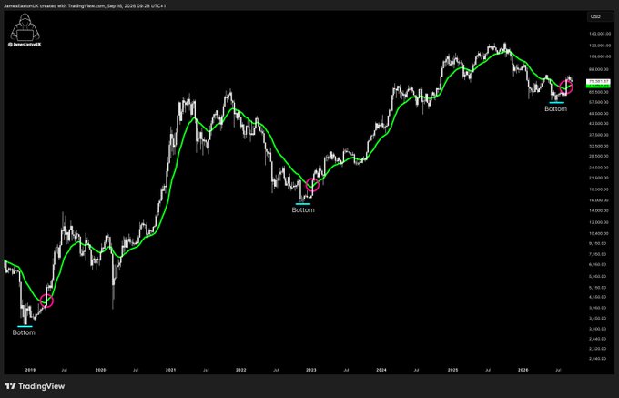 A TradingView chart displays BTC/USD (Bitcoin) price action from 2019 to 2026 on a weekly timeframe, featuring a green moving average line tracking the overall uptrend with three labeled "Bottom" points marked by pink circles at key historical lows (~2020, ~2022, and late 2026), supporting the post's message that market dips have consistently been buying opportunities during the ongoing bull run.