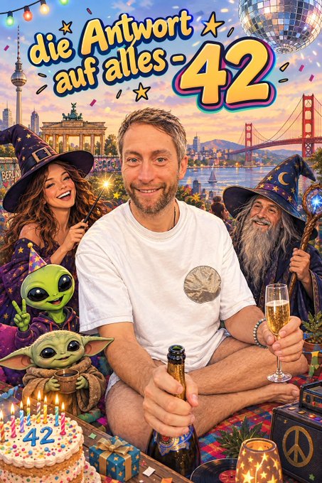 A man celebrates his 42nd birthday with a festive scene featuring witches, Grogu (Baby Yoda), a wizard, disco balls, and a cake displaying "42." The German text "die Antwort auf alles - 42" ("the answer to everything - 42") ties directly to the caption's nod to "The Hitchhiker's Guide to the Galaxy," humorously marking his milestone age.