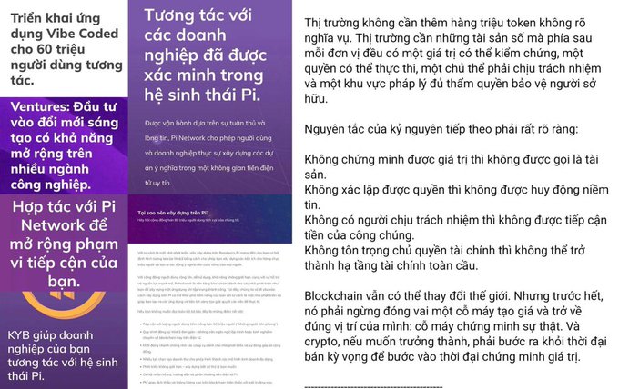 A Vietnamese-language article discussing Pi Network and blockchain cryptocurrency, with purple highlighted sections about Pi Network ecosystem partnerships and Vibe Coded application deployment.