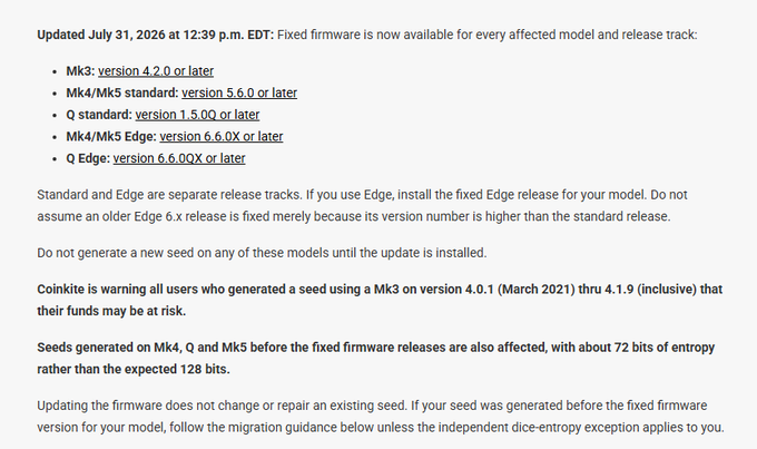 A text document updated July 31, 2024, announcing fixed firmware updates for various Trezor (Coinkite) hardware wallet models, including Mk3, Mk4/Mk5, Q, Mk4/Mk5 Edge, and Q Edge, with warnings about affected seed entropy and funds at risk.