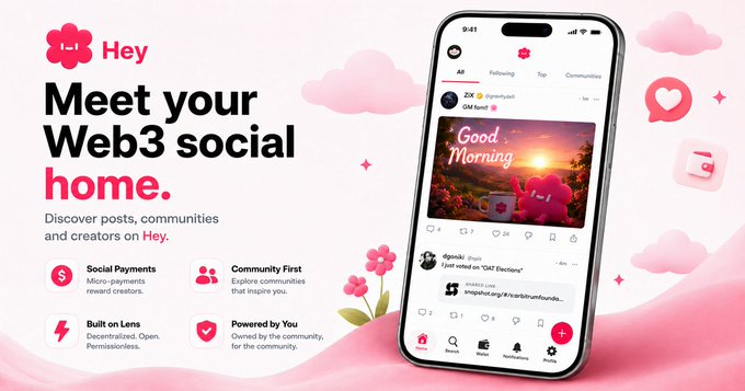 An advertisement for 'Hey' social media platform, described as 'Your Web3 social home,' built on Lens.