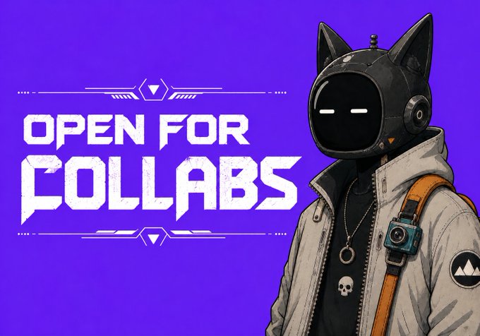 A futuristic cat-eared astronaut character in a white jacket with a skull necklace stands against a vibrant purple background, beside bold white text reading "OPEN FOR COLLABS" framed by tech-inspired decorative lines. The image visually represents the post's announcement that the community is now accepting collaboration requests from engaged, quality-focused partners.