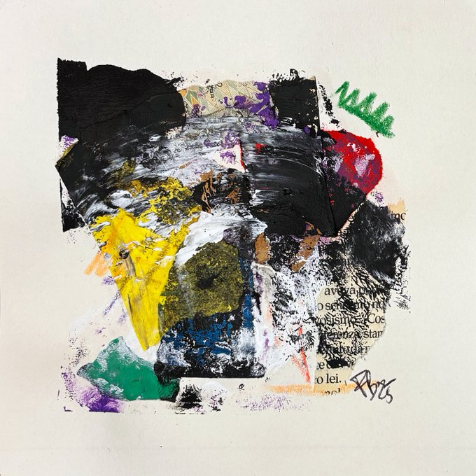 The image features a painting with various colors and textures that appear to be made from newspaper clippings or other materials. The artwork has an abstract style, which adds to its uniqueness. The artist's signature can be seen at the bottom of the painting. The painting is titled "In the Folds of Intuition Inside every hesitation, every flicker, lies an intuition that takes shape without clamour." This title suggests a deeper meaning or message behind the artwork.