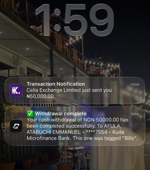 A phone lock screen at 1:59 AM displays two notifications: a transaction alert from Celia Exchange Limited for ₦50,000.00 and a Kuda MFB confirmation of a successful NGN 50,000.00 cash withdrawal to Atabuchi Emmanuel, illustrating the seamless fiat deposit/withdrawal experience highlighted in the post about Celia Wallet's upcoming service for every Celian.