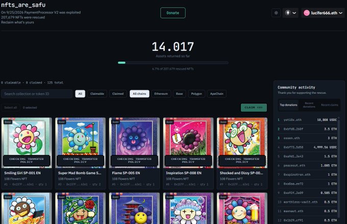A screenshot of an NFT collection page titled 'nfts_are_safe' showing 14,017 tokens returned for 'processor,' with flower-themed digital artwork items listed and a community activity sidebar showing top donations including '16,808 USDC' from 'yetilx.eth'.