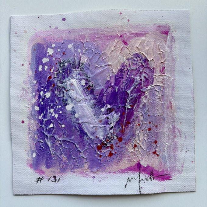 An abstract purple and pink textured painting with white and red splatters on a small square canvas, marked '#131' with a signature in the bottom corner.