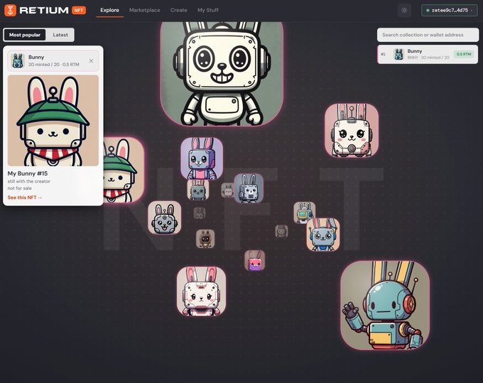 The image shows the Retium NFT Launchpad marketplace displaying a collection of bunny-themed robot NFTs, with the "My Bunny #15" item priced at 0.5 RTM prominently featured. This connects to the announcement of the Retium Testnet reset, which has been restored to a clean genesis state with the newly launched NFT Launchpad now live for users to explore and trade these digital collectibles.