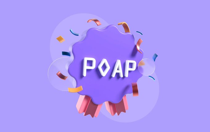 A festive 3D purple badge displays "POAP" (Proof of Attendance Protocol) surrounded by celebratory confetti and ribbons. The image humorously undermines the post's lament about Web3's demise by ironically framing a blockchain-based NFT collectible as a triumphant achievement, suggesting the author's frustration is misplaced given Web3's ongoing vitality and continued use cases like digital event memorabilia.