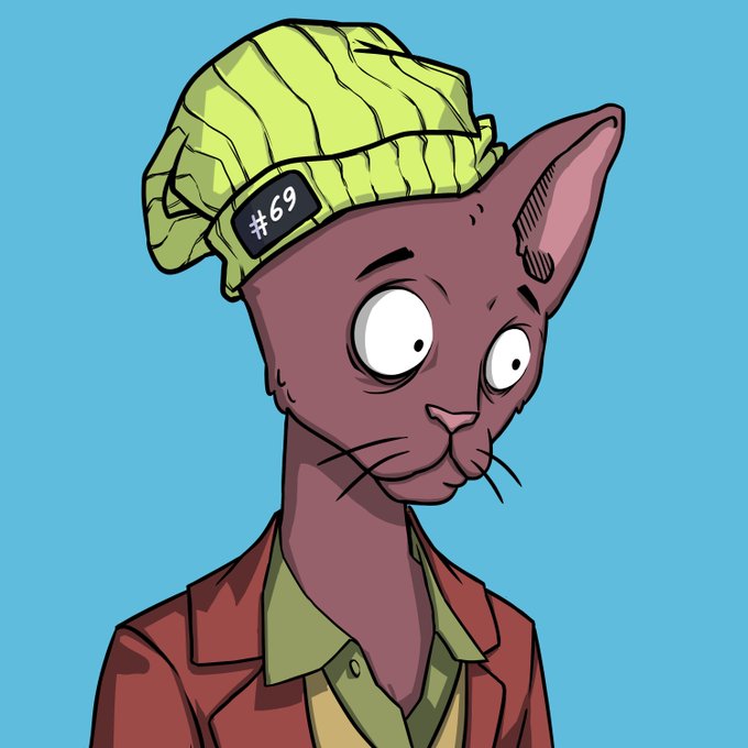 An illustrated anthropomorphic cat with large eyes and a long neck wears a green beanie labeled "#69" and a brown jacket, set against a bright blue background. While the accompanying post references a Solana (SOL) giveaway drop with wallet details, the image itself shows no direct connection to the text and simply features the humorous "nice" number on the cat's hat.