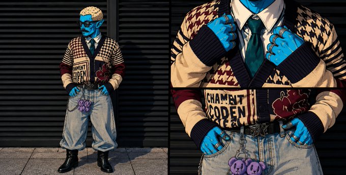 A blue-skinned figure dressed in an eclectic fashion featuring a cardigan with "CHAMPNE CODEN" text, a houndstooth vest, baggy jeans, and a bear keychain—paired with a Thursday morning blessing suggesting the outfit's bold, unconventional style symbolizes confidence for the day ahead.