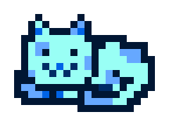 A pixel art sprite of a small light blue cat-like creature with a smiling face, curled up against a black background.