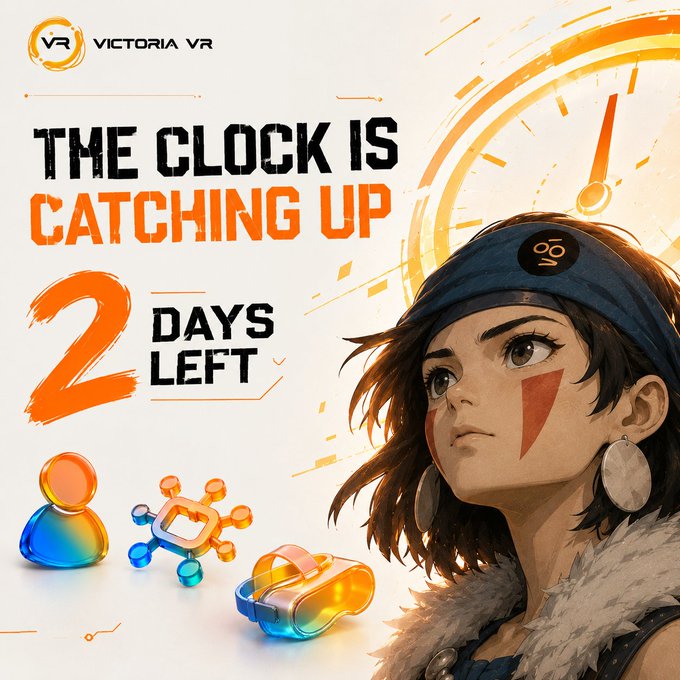 A promotional graphic for Victoria VR featuring a stylized female character with a blue headband and orange facial markings, with text reading 'THE CLOCK IS CATCHING UP' and '2 DAYS LEFT' alongside colorful 3D icons.