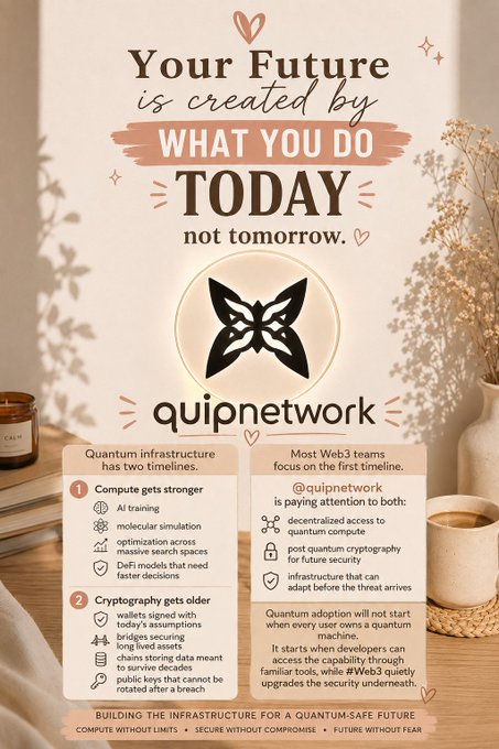 A promotional infographic for "quipnetwork" with the quote "Your Future is created by WHAT YOU DO TODAY not tomorrow," discussing quantum infrastructure, cryptography, and tagged @quipnetwork.