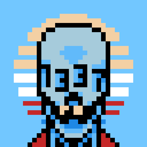 A pixel art illustration of a light blue face with the number '33' on its forehead, set against a blue sky with white and red stripes.