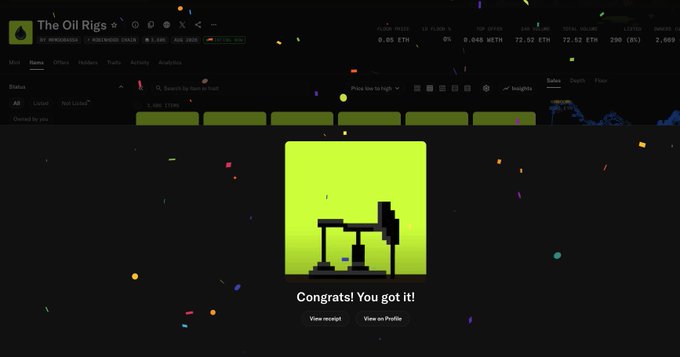 A screenshot of a cryptocurrency mining dashboard called 'The Oil Rigs' showing mining statistics, with confetti effects and a celebratory message 'Congrats! You got it!' alongside a pixelated oil pump icon.