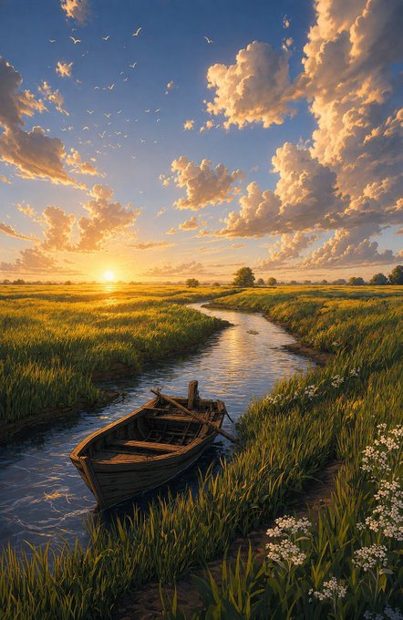 A picturesque landscape painting depicting an old wooden rowboat resting in a calm stream flowing through a grassy meadow at sunset, with dramatic clouds and birds flying in the golden sky.