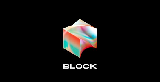 The image displays the Block logo—a colorful, iridescent 3D cube on a black background with the company name "BLOCK" beneath it—serving as the visual identity for the post announcing Block's application to launch a federally regulated Bitcoin and stablecoin trust bank.