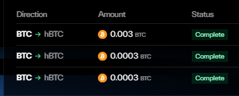 Cryptocurrency transaction history screen showing three completed trades converting BTC to hBTC, each for 0.0003 BTC, displayed in Direction, Amount, and Status columns.