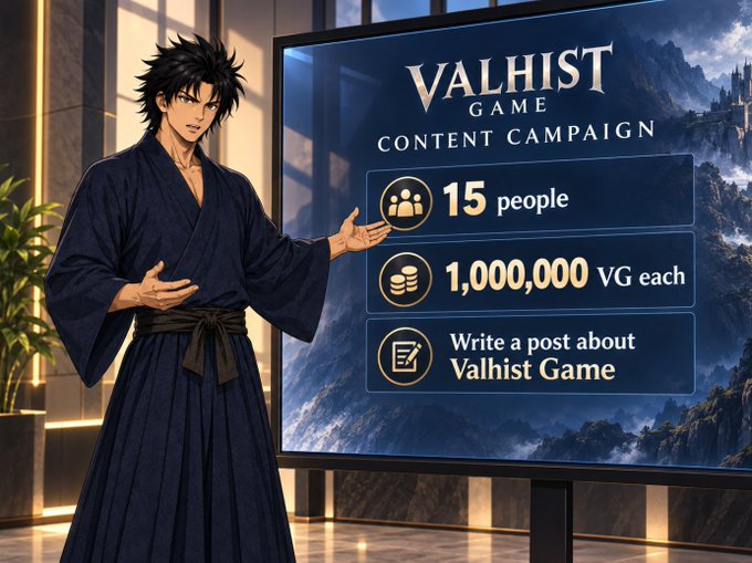 An anime-style promotional image for VALHIST GAME Content Campaign offering 1,000,000 VG each to 15 people who write a post about the game.