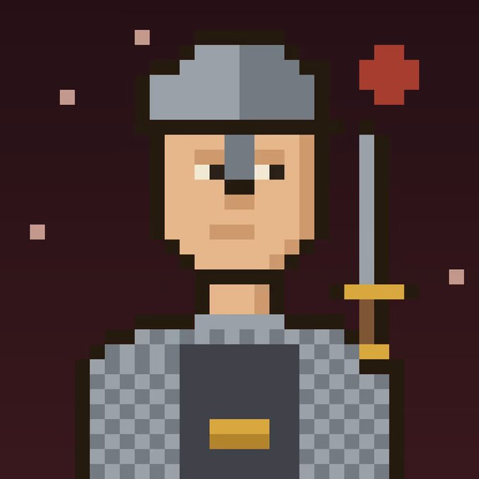A pixel art portrait of a stoic knight or warrior wearing a gray helmet and checkered armor, holding a sword beside a red health cross icon, fitting the post's Robinhood theme as a chivalric symbol of the NFT investment community.