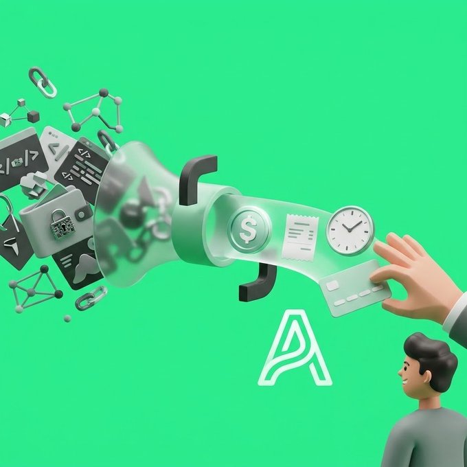 A 3D illustration shows a figure pressing a large button that activates a machine extracting simplified crypto payment elements—a dollar coin, receipt, clock, and credit card—from a chaotic jumble of Web3 icons (padlocks, network nodes, and code) on the left, with the "AllScale" logo displayed below against a green background.

The image visually reinforces the post's message by depicting a user-friendly button that transforms the cluttered, complex Web3 ecosystem (left side) into clean, recognizable financial tools (right side), symbolizing how AllScale simplifies stablecoin payments by removing wallets, network fees, and steep learning curves.