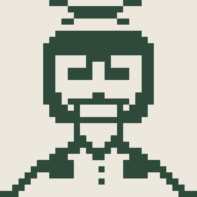 A pixel art illustration of a hooded green-skinned character with a skull-like face and beard, rendered in dark green tones against a beige background.