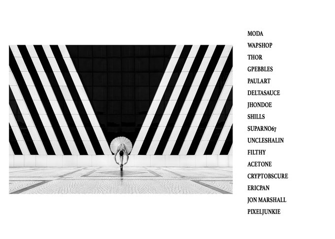Black and white photo of a person with an umbrella standing in a striped architectural space, alongside a list of names including MODA, WAPSHOP, THOR, GPEBBLES, PAULART, DELTASAUCE, JHONDOE, SHIILS, SUPARNO67, UNCLESHALIN, FILTHY, ACETONE, CRYPTOBSCURE, ERICPAN, JON MARSHALL, and PIXELJUNKIE.