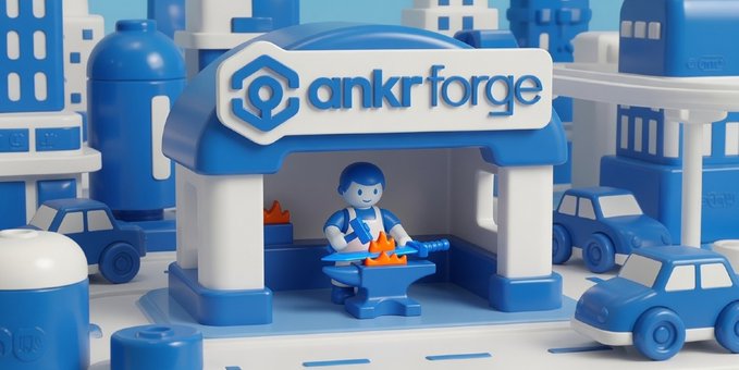 A 3D animated illustration depicts the 'ankrforge' logo above a small blue character working at an anvil in a stylized city.