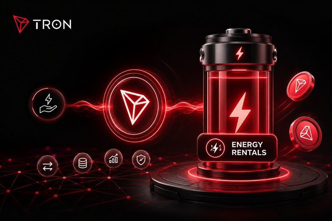 A promotional graphic for TRON Energy Rentals featuring a glowing red battery icon alongside the TRON cryptocurrency logo and various related service icons.