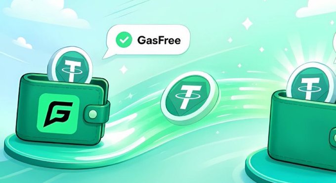 A digital illustration shows green wallets and USDT (Tether) coins flowing between them, with a speech bubble labeled "GasFree" and a green checkmark, symbolizing seamless crypto transactions. The image visually reinforces the post's message that crypto payments should be hassle-free, eliminating the need to manage TRX for gas fees when sending USDT.