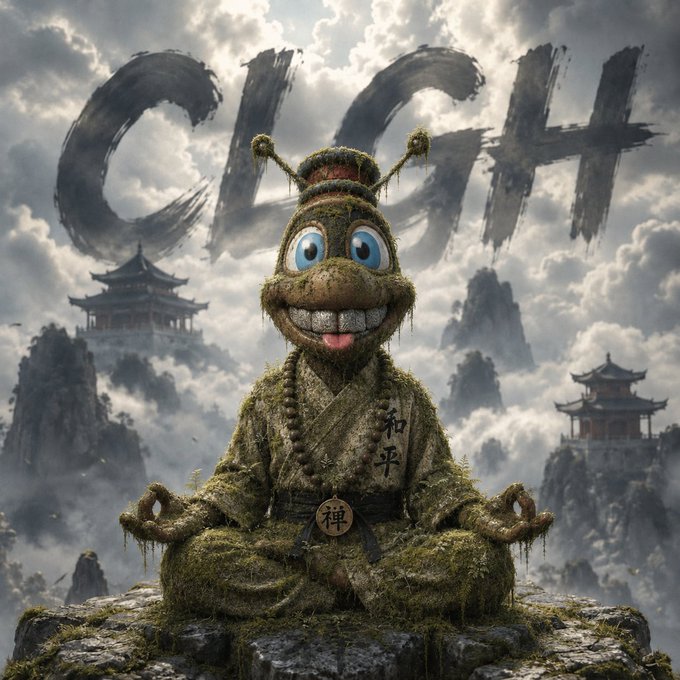 A digital artwork depicting a moss-covered snail-like creature meditating in monk robes against a backdrop of mountain temples, with 'OISH' written in the clouds.