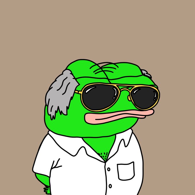 A cartoon Pepe the Frog character with gray hair, wearing sunglasses and a white button-up shirt against a tan background.