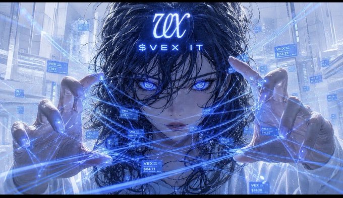 An anime-style illustration of a girl with glowing blue eyes manipulating digital 'VEX' data strings in a cyberpunk cityscape, with text reading 'SVEX IT'.
