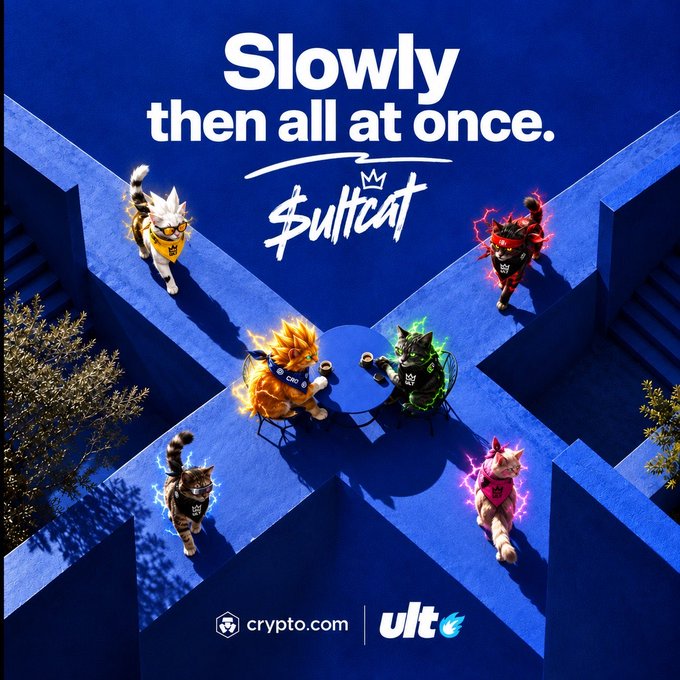 A promotional image displays cats in costumes forming an 'X' shape on a blue surface with the text 'Slowly then all at once.' and '$ultcat', alongside logos for crypto.com and ULT.