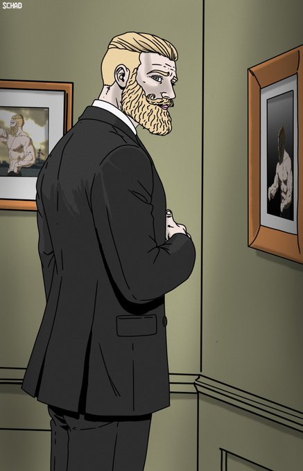 An illustrated 'Schad' meme character—a muscular blond bearded man in a black suit—viewing artwork in a gallery setting.